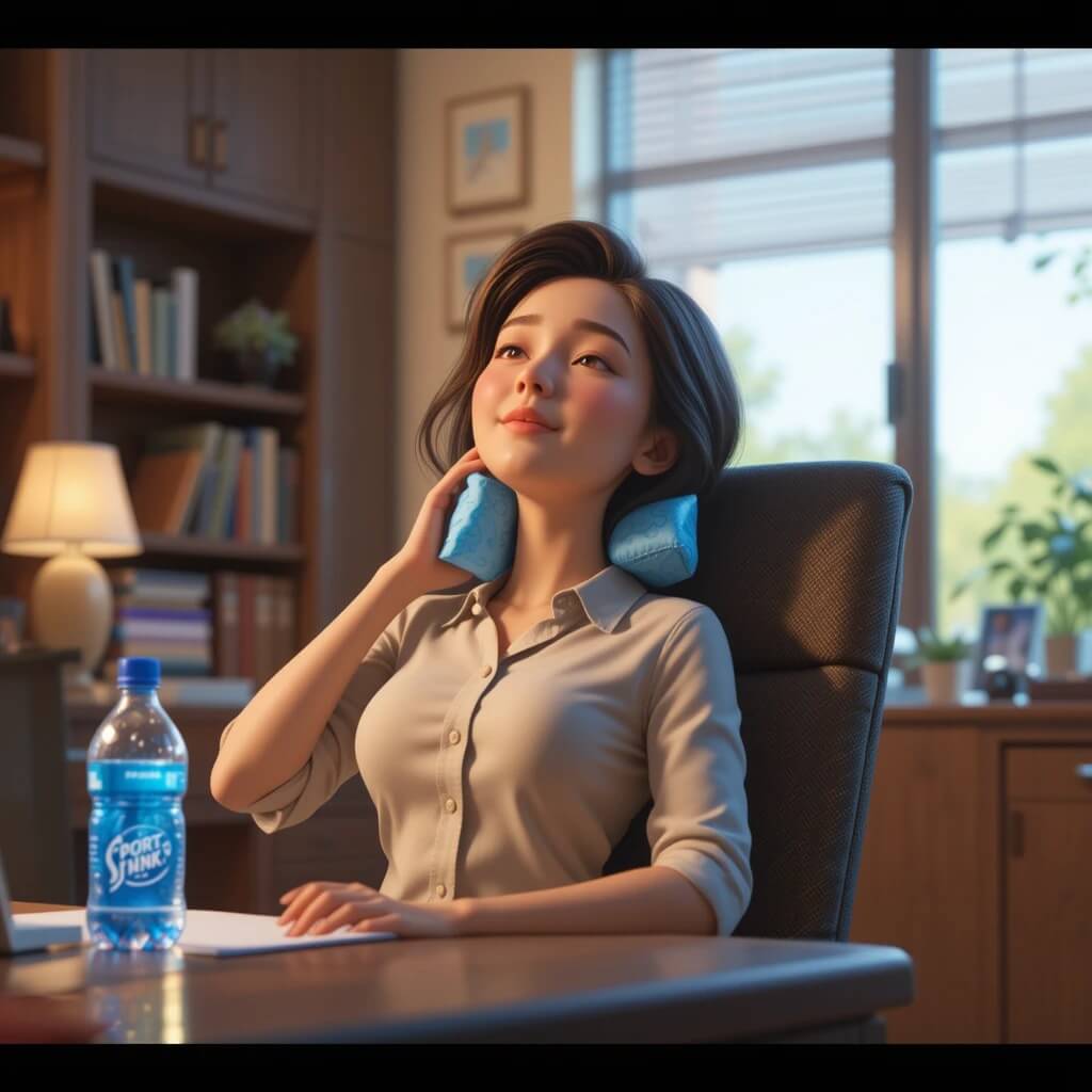 東和サーキット 女性がスポーツドリンクを前に首を冷やして椅子に座っている様子